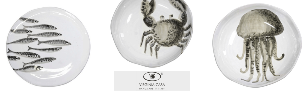 Piatto fondo e piano Virginia Casa con motivo Marina, medusa, polipo, sardine. Ceramica bianca e grigia