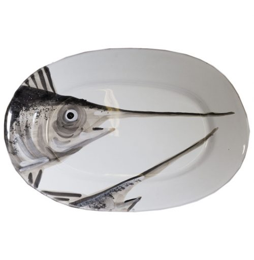 vassoio ceramica bianca decoro grigio pesce spada Linea Marina Virginia Casa