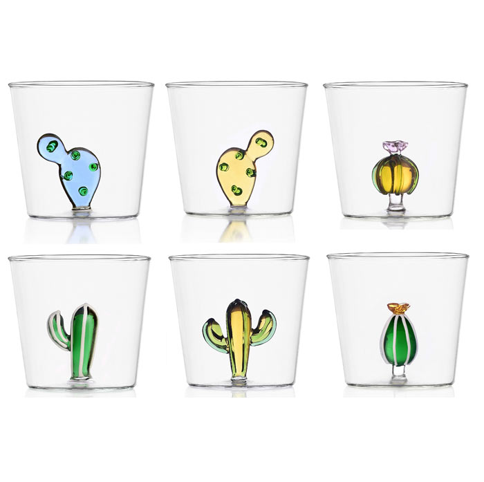 set bicchieri ichendorf linea cactus in vetro trasparente e decori colorati 3D