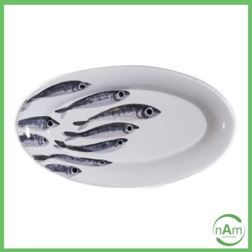 vassoio piccolo con decoro di sardine in ceramica bianca