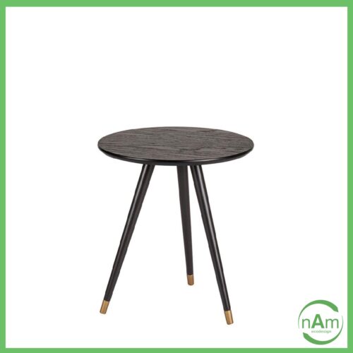 Tavolino tondo in MDF con gambe in legno e dettagli color ottone - L'oca Nera
