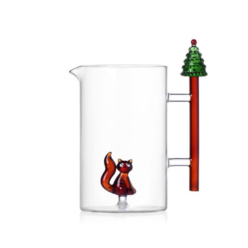 brocca per acqua a tema natalizio con alberello di natale colorato all'interno e volpe sul manico
